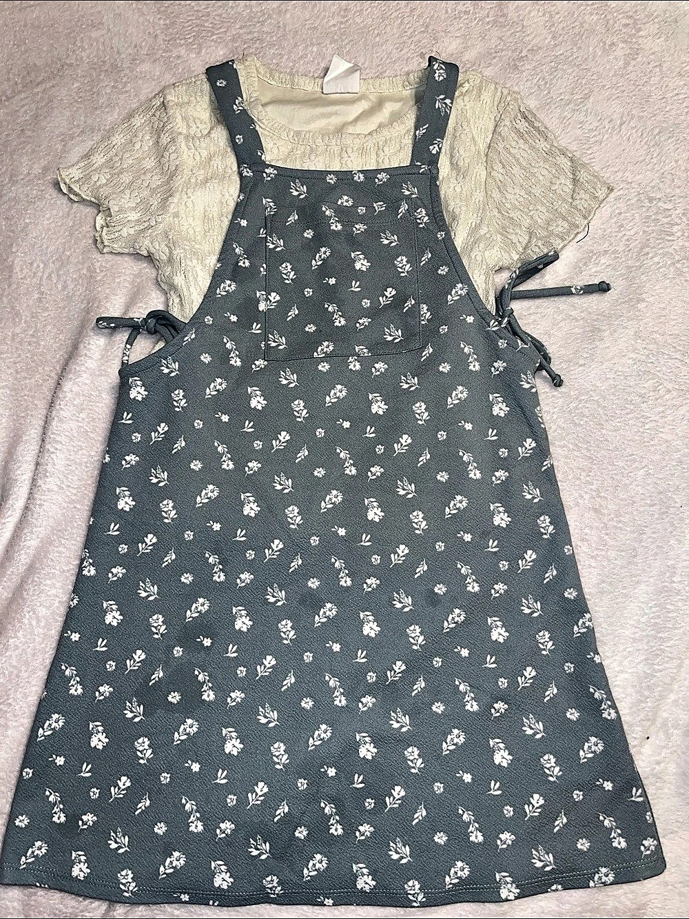 Lilly Bleu Floral Pinafore Dress in Green & White Like New